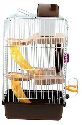 INOOMP Gabbia Per Criceti a 3 Strati in Plastica Resistente, Villa Per Piccoli Animali Da 23x17x45 Cm, Ruota e Borraccia Anti-perdite, Casa Per Cincillà e Roditori Domestici