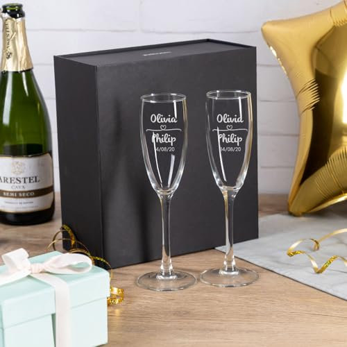 Wanapix | Pack de 2 Copas de Cava Personalizada | Estuche de Regalo Incluido | Copa de Champagne Cristal Grabada a Láser | Boda/Aniversario/San Valentín | 20cl. | Heart