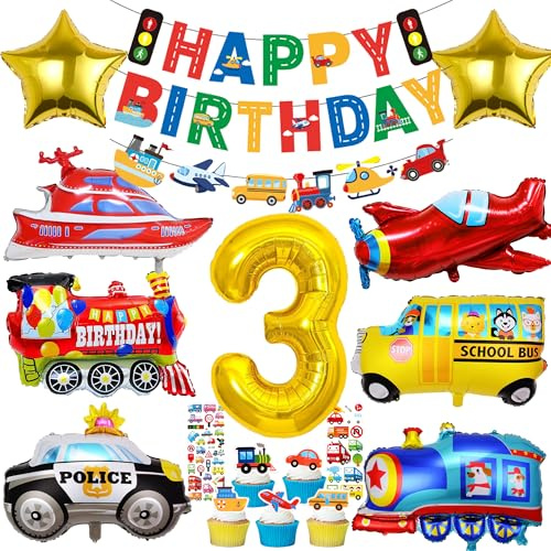 Decoración de coche para 3 cumpleaños de niño – tráfico, decoración de cumpleaños de 3 años, barco avión, tren o autobús escolar, globo de papel de aluminio, decoración de tartas, pegatinas y pancarta