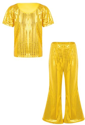 Jhaoyu Traje metálico de danza para niños y niñas, traje metálico de manga corta, pantalones de entrenamiento, gimnasia, ropa deportiva, juego de jazz hip hop, dorado, 98-104