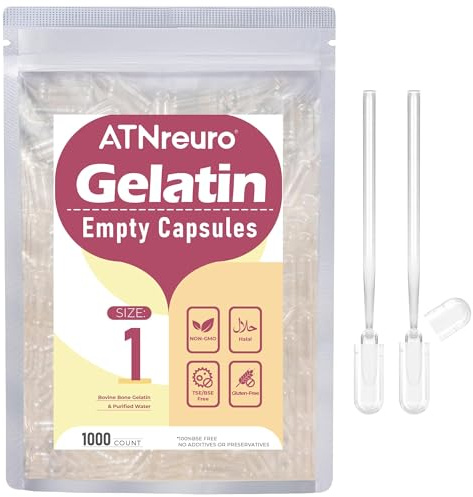 ATNreuro Cápsulas de Gelatina Vacías Tamaño 1 (1000 piezas), Transparentes, Halal, Sin Gluten, Sin OMG, con 2 Microcucharas, Ideal para Vitaminas y Suplementos, Inodoras e Insípidas