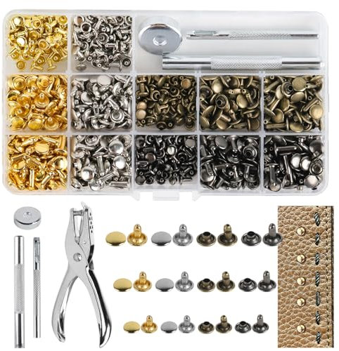 ZDNT 360 Set Leder Nieten Doppelkappe Rivet 3 Größen Nieten für Leder Ledernieten Metallnieten Set Nieten Set mit 3 Stück Fixierung Werkzeug Hohlniete für DIY Handwerk Reperatur Dekoration