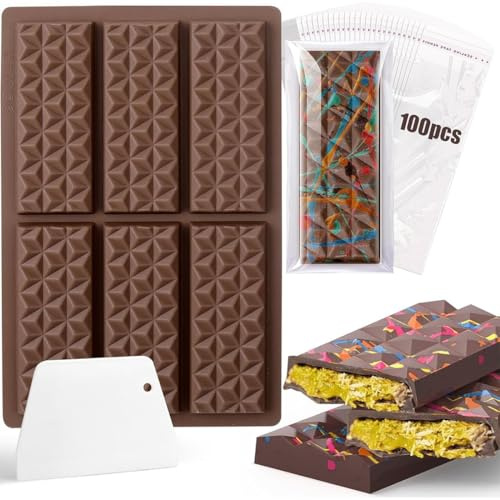 ZEPIQOR Dubaï Moule à chocolat en silicone avec 6 planches de chocolat profond, grattoir et sac et autocollants, moule à chocolat Dubaï pour chocolat, praline, bonbons (motif de diamant)