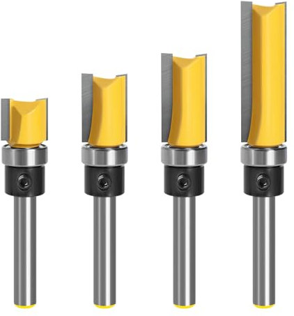 4 Pcs 1/4 Inch Shank Flush Trim Pattern Bit Set Straight Flush Trim Tools with Bearing Template Router Cutter Professional Wood Top Woodworking Groove Milling Cutter Tools for Wood Particleboard Mdf