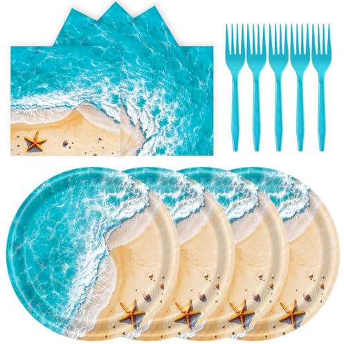 72 Pcs Ocean Waves Paper Plates Disposable Beach Party Birthday Dessert Plates Napkins Forks Tableware Set Summer Pool Party Decoration Supplies for Baby Shower Blue Ocean Hawaiian Birthday, Serve 24