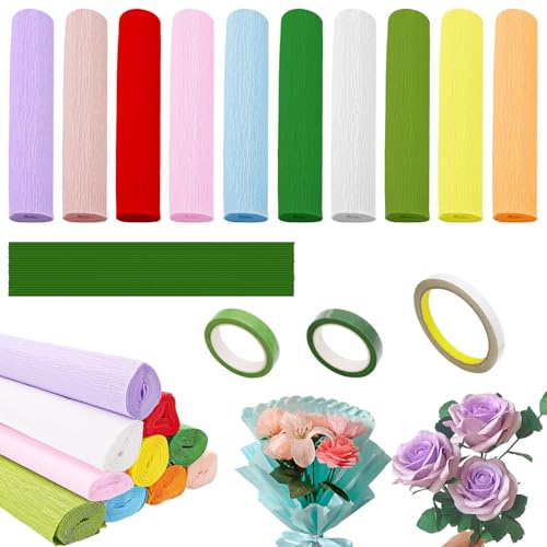 AIMEKE 10 rollos de papel crepé multicolor, 25 × 250 cm, papel crepé, floristería, papel crepé, 10 colores, rollos de papel crepé con alambre para flores, cinta de floristería y doble cara para