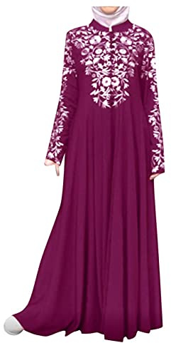 Abito musulmano da donna, taglie forti, motivo etnico arabo, a maniche lunghe, abito modesto, vestibilità ampia, maxi abito Dubai, Rosa acceso, 5XL