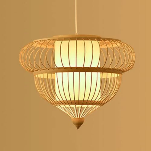 Grande lampada a sospensione con paralume cavo in gabbia di bambù 1 luce Lampadari in vimini intrecciati a mano in stile cinese Cesto di vimini rustico in rattan Lampade da soffitto in pergamena