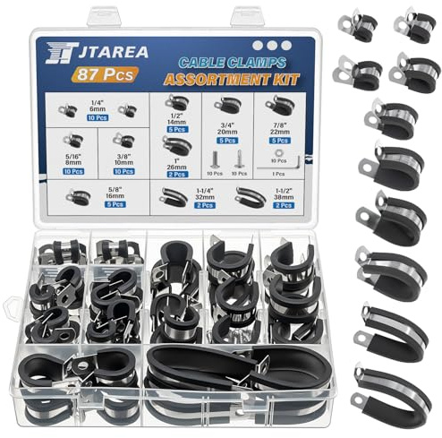 JTAREA 10 storlekar kabelklämma gummi P-klämmor slangklämmor sats 6 mm 8 mm 10 mm 14 mm 16 mm 20 mm 22 mm 26 mm 32 mm 38 mm rostfritt stål rörklämmor metallklämma P-clips