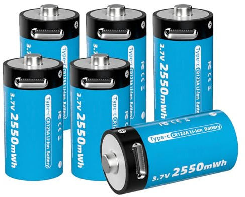 Pilas Recargables CR123A Paquete de 6 con Cable USB Tipo C Batería Litio 3,7V 2550mWh para Cámaras (VMC3030/VMK3200/VMS3330/3430/3530), Linternas y Micrófonos