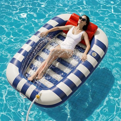 Funscape Inflatable Tanning Pool Floats W/Water Sprinkle, Floating Pool Lounger Floties for Adults, Blow up Sun Bath Tan Bed, Swim Raft Water Mat W/Pillow, Beach Lake Yard Summer Party Gifts (Blue)