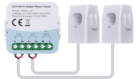 Muuookka Contatore di Energia Intelligente Tuya WIFI Bidirezionale A 2 Canali con Trasformatore di Corrente, Morsetto, App, Monitor di Potenza 80 A 110 V/240 V