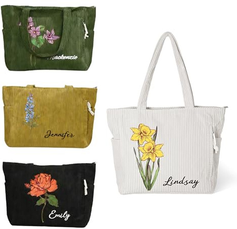 Bolso tote grande de pana personalizado con flor natal para mujer Bolso bandolera personalizado con cremallera para la universidad, el colegio, las compras, el trabajo, los viajes y los regalos