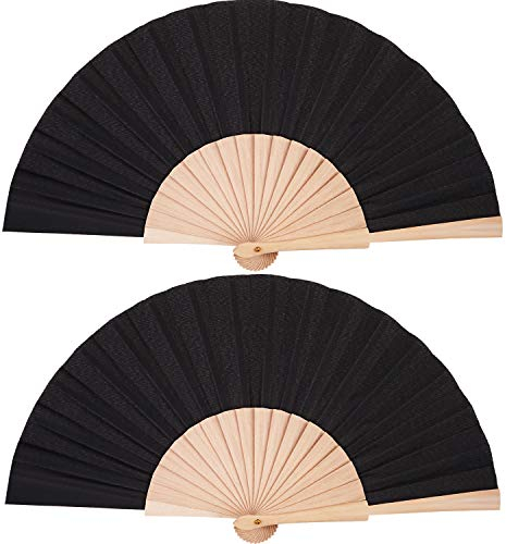 Chuangdi 2 Pièces Éventails Pliables à Main en Bois et Tissu, Ventilateurs de Poche, Éventail d’Artisanat Cadeau avec Cordon de Serrage, Sacs en Organza, Noir, 41 cm x 23 cm x 2.5 cm
