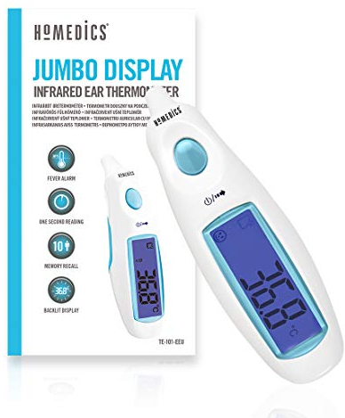 HoMedics Medizinisches Infrarot Ohr-Thermometer Fieberthermometer mit großem Display - Sofortige Temperaturmessung für Babys, Kinder, Erwachsene, Wasserdichte Sonde, Fieberalarm, 10 Speicherplätze