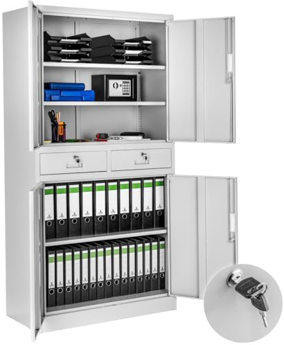 tectake Armoire de Rangement Metal Armoire de Bureau avec Serrure 4 Portes battantes et 2 tiroirs verrouillables pour Rangement Dossier, 80 x 40 x 180 cm - Gris Clair