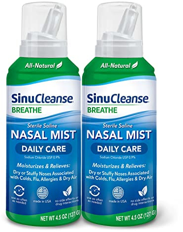 SinuCleanse Daily Care Sterile Saline Nasal Spray, Ultra Fine Mist, Instantly Moisturizes & Relieves Everyday Nasal Congestion Due to Colds & Dry Air, 4.5 Oz (2 Pack), Made in USA