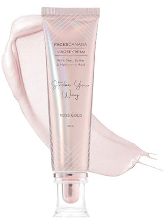 FACES CANADA Strobe Cream - Base de maquillaje brillante e iluminadora e hidratante de color oro rosa, 30 ml, manteca de karité y ácido hialurónico, hidratación intensa, impecable y radiante para la