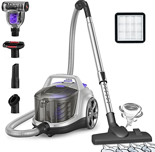 Aspiron Canister Vacuum Cleaner, Lightweight Bagless Vacuum Cleaner, 3.7QT Large Dust Cup, Automatic Cord Rewind, 5 Tools, HEPA Filter, Variable Speed Portable Vacuum for Hard Floors, Pet, Car, Silver