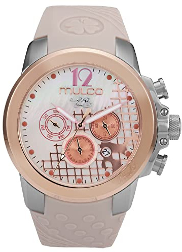 MULCO Watches for Women -Era 50, Silver Stainless Steel Case with Wrist Silicone Band, Quartz Multifunctional Movement, Large Face Analog Display - Crystals Stones, 100m Water Resistant