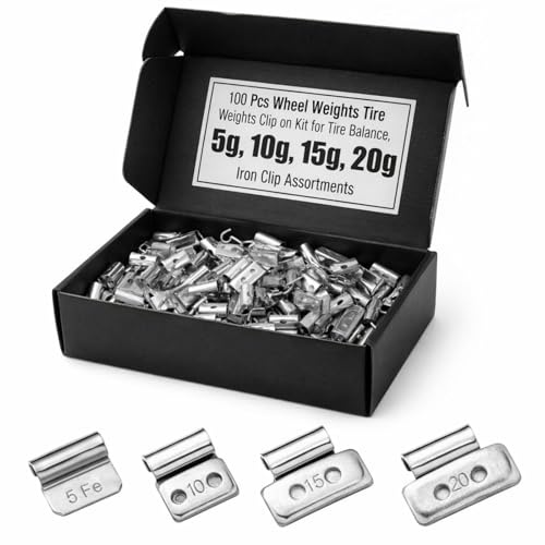 Tatuo 100 Pcs Wheel Weights Tire Weights Clip on Kit for Tire Balance, 5g, 10g, 15g, 20g Iron Clip Assortments for Car Balancing Accessories, 25 Pack for Each Style, Total 100 Pcs Per Box