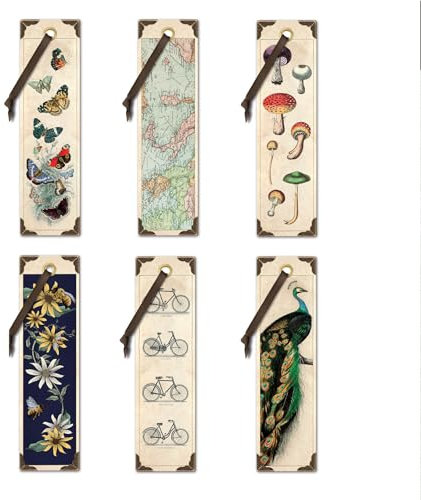 IF IF Lot de 6 marque-pages vintage 6 titres : 1 papillon, 1 carte, 1 champignon, 1 abeille et fleurs, 1 vélo, 1 paon