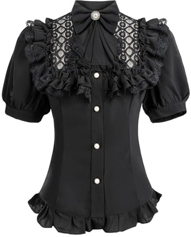 CR ROLECOS Black Victorian Blouse for Women Summer Short Puffy Sleeve Blouse with Bow L