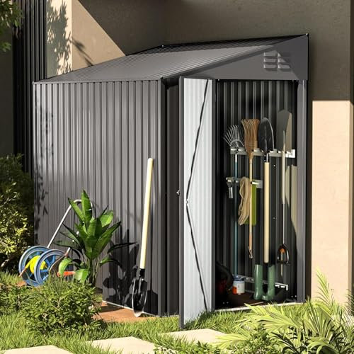 U-MAX 4x7 FT Metal Lean to Storage Shed - Galvanized Steel Garden Storage with Lockable Door, Waterproof for Tools, Lawn Mowers, Bikes - Charcoal Grey