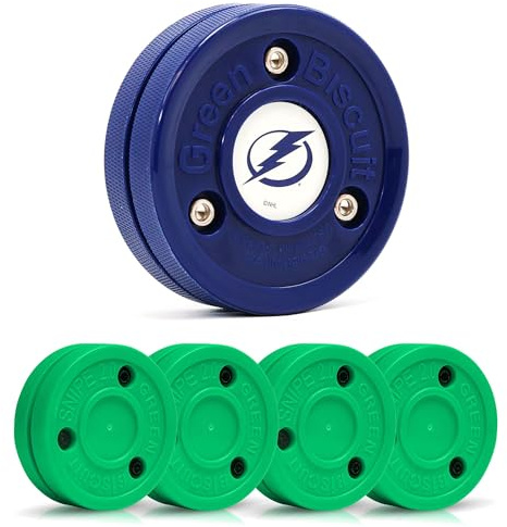 Green Biscuit 4-Pack Snipe New 2.0 Off Ice Hockey Pucks with 1 NHL Puck, Street Hockey Puck for Stickhandling and Shooting Practices - Official (Tampa Bay Lightning)