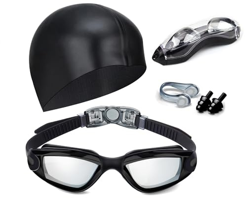 Hurdilen Swim Goggles Swimming Goggles No Leaking with Nose Clip, Earplugs, Swim Cap and Case for Men Women