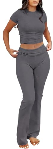 IWOLLENCE Ensemble lounge 2 pièces pour femme - Haut à manches courtes avec large ceinture élastique - Pantalon évasé