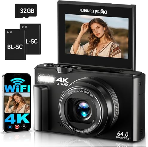 Appareil photo numérique 4K 64 MP avec Wi-Fi, écran rabattable 180°, mise au point automatique, vlogging, appareil photo compact à selfie, appareil photo compact WiFi, zoom numérique 16x, avec carte