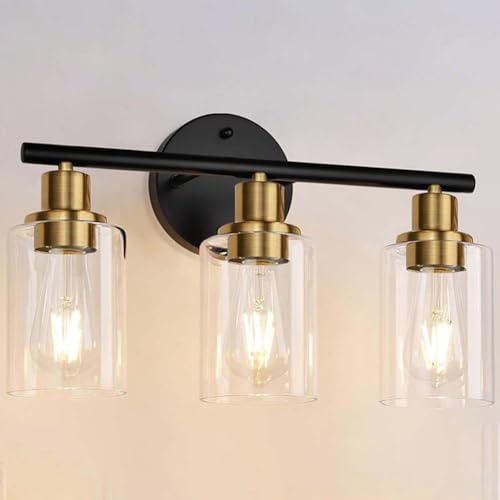 LOGT Badrumslampa 3 Flame Vägglampa Inomhus Vattentät Spegellampa Glaslampskärm Retro Industriell Vägglampa Modern Rund Vägglampa E27 Kristall Metall Lampa för Sovrum,Gold