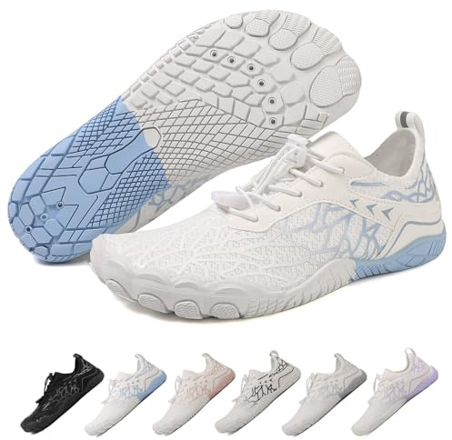 Hike Barefoot Shoes for Women & Men,Unisex Hiking Footwear Water Shoes,Breathable & Non-Slip Minimalist Swim & Hike Shoe with Wide Toe Box, Lightweight & Water-Resistant White Blue