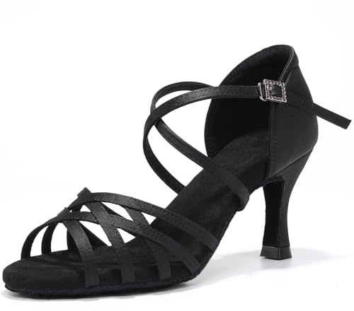 GYUBL Chaussures Danse Latine Femme Professional Performance Satin Salsa Bachata Chaussures de Danse de Salon Talon 7cm Noir EU 39