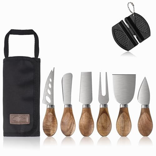 Esie Houzie Charcuterie Board Accessories - 6 Piece Cheese Knife Set Stainless Steel with Acacia Wooden Handle for Cheese Serving Cutting, Cheese Tools Butter Knife with Storage Bag Included Gift Set