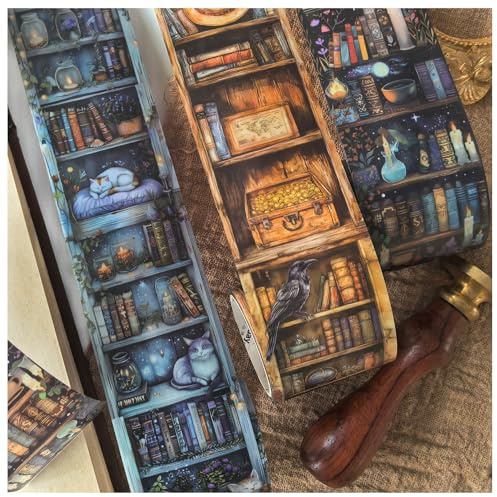 PET Washi Tape Scrapbook Zubehör,Ta Merry Scrapbooking Sticker,3 Rolls PET Magischer Bücherschrank Aesthetic Aufkleber Decorative für Bullet Journal Sticker,journaling Zubehör(Bücherschrank 1)