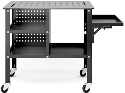 36 x 24 Heavy-Duty Welding Table, 1,200 lb Capacity Mobile Steel Workbench on Wheels with Adjustable Shelf & Fold-Down Tray, Welding Cart for Shop/Garage