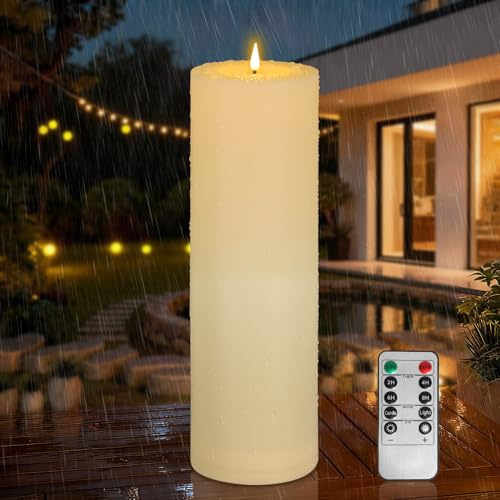 Kimjo 10CM x 30CM Candele LED Grandi Senza Fiamma per Esterni Impermeabili - Candele LED Finte a Fiamma Bianco Avorio con Funzione Timer Telecomando - Tremolante 500+ Ore di Batteria