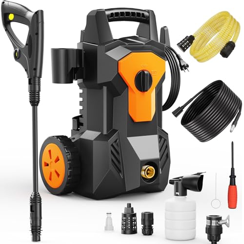 Idropulitrice Alta Pressione, 1600W, Pressione max.140 bar, 420 l/h, Tubo Flessibile da 8M Cavo da 2M, con Ugello Regolabile Pistola et Avvolgitubo integrato, per Casa, Giardino e Auto, Irrigazione