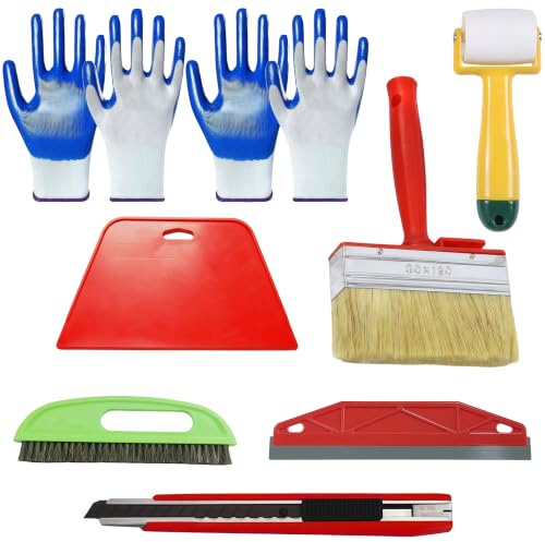 VIVIIHOO Juego de Herramientas para empapelar con espátula, Cuchilla roja, Rodillo de presión, cúter y brocha de 30 cm y Guantes para Cola de empapelar, Papel Pintado no Tejido y Vinilo para Ventanas