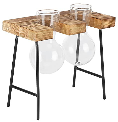 Zerodis Fournitures de Culture Hydroponique, Support en Bois Fait à la Main, Vase en Verre, Jardinière Hydroponique pour Maison, Jardin, Vase de Plantes Rétro à Faire Soi-même (Deux bouteilles + banc)