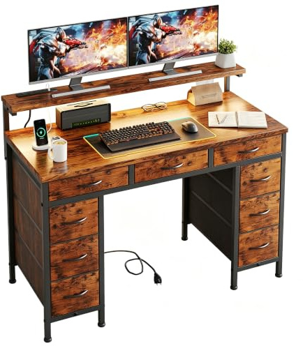 Flrrtenv Computer Desk with 9 Drawers & LED, 120cm Home Office Desk with Storage & Power Outlets USB Type-C, Small Study Table with Monitor Stand for Bedroom，Brown