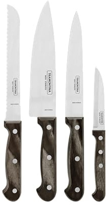 Tramontina Juego de Cuchillos con Hojas de Acero Inoxidable y Mangos de Madera Tratada 4 Piezas Polywood Castaño