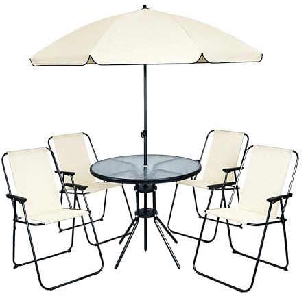 garden mile 6 Piece jardín y Patio Juego Exterior Comedor Juego – 4 Asientos Exterior Muebles de jardín con Cristal Parte Superior Mesa 4 Plegable sillas y Paraguas Parasol para terraza o balcón