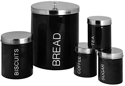 Harbour Housewares Round Kitchen Canisters Set - 5pc Set - Black - Metal Kitchen Storage Tea Coffee Sugar Canisters Bread Bin Cookie Jar Biscuit Barrel with Airtight Lid