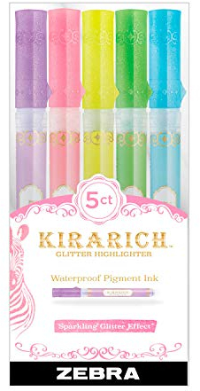 Zebra Pen Kirarich Highlighter, Glitter Affect, Chisel Tip, Assorted Colors, 5-Count