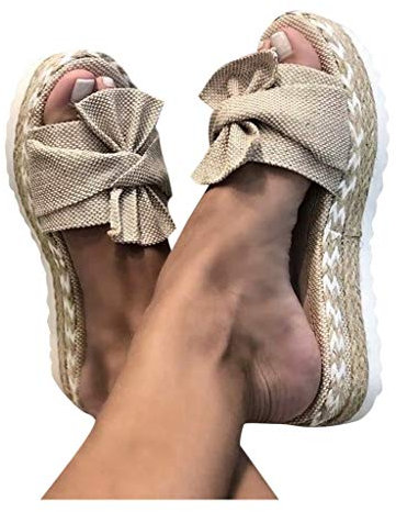 Sandales Plates Femme Bout Ouvert Pantoufles Slip-on Été Claquettes Nu Pieds Semelle Compensée Confortable Chaussures Antidérapant de Plage Wedges Platform Slipper Bohemia Beach Sandals (Kaki, 38)