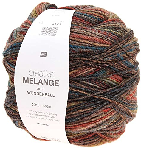 Rico Creative Melange Aran Wonderball Fabe 13, Farbverlaufswolle Nadelstärke 5 mm zum Stricken oder Häkeln, Wolle 200g Knäuel