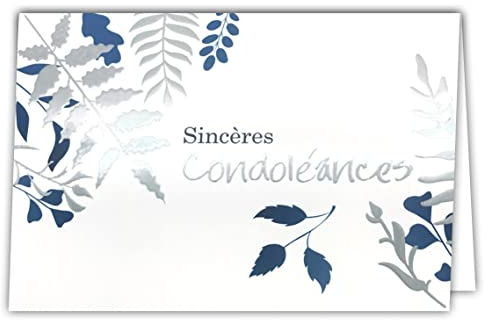 Afie Tarjeta plateada con sobre de 145 x 105 mm – Esferas de condolencias cortadas con hojas de árbol azul brillante para muerte mujer o hombre, ceremonia de despedida – Fabricado en Francia
